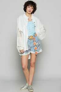 POL Openwork Lantern Sleeve Button Down Gauze Shirt