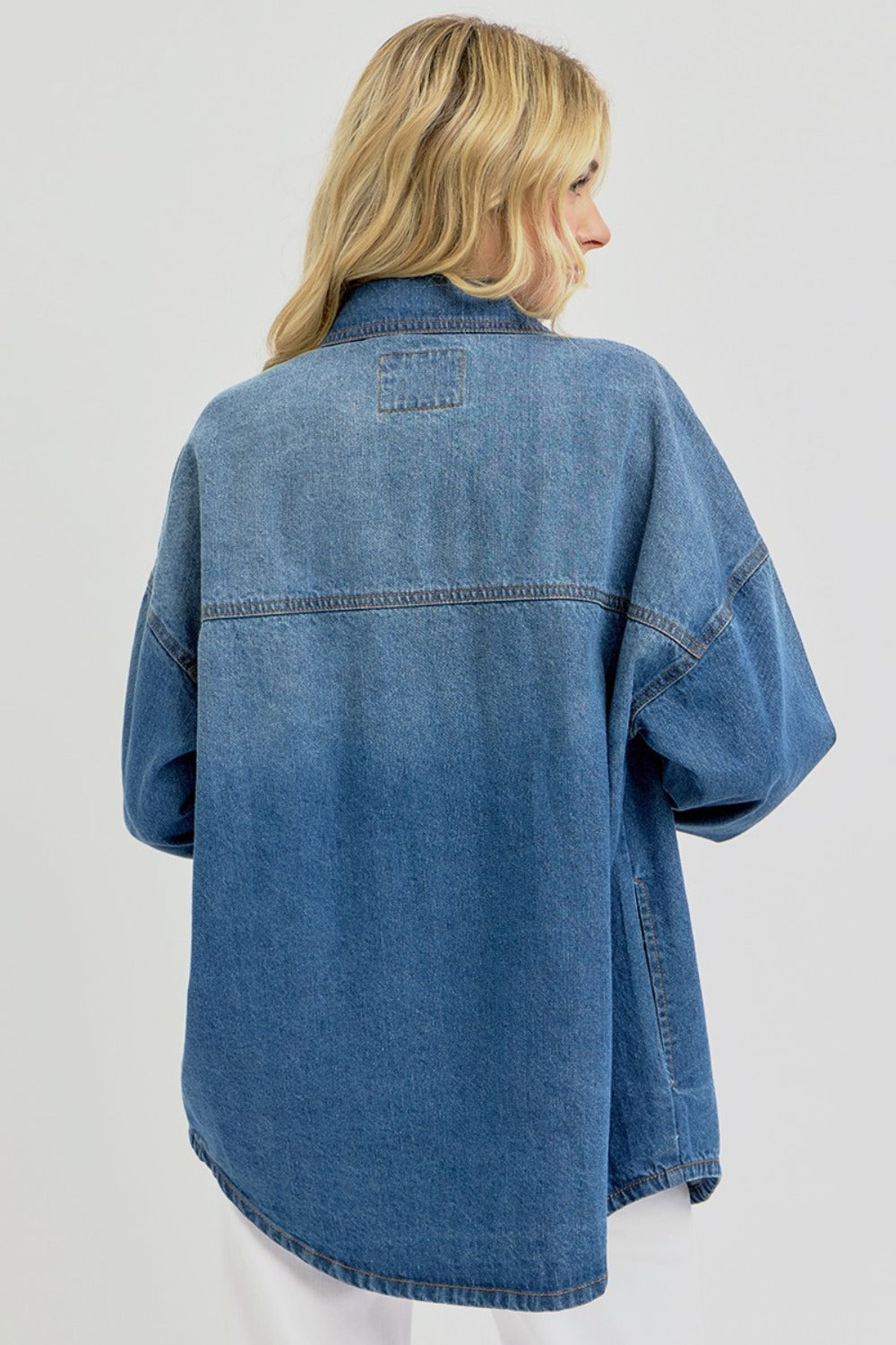 RISEN Full Size Snap Down Long Sleeve Denim Shacket