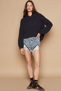 POL Back Open Slit Balloon Sleeve Crop Hooded Sweater