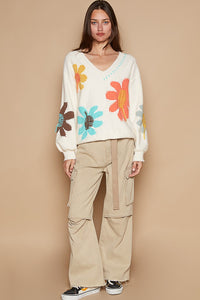 POL V-Neck Long Sleeve Flower Fringe Sweater