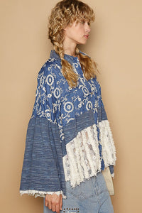 POL Lace Hem Embroidered Long Sleeve Shirt