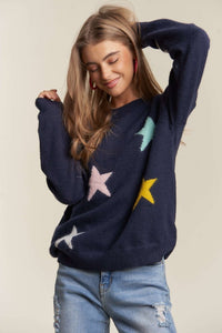 ADORA Stars Pattern Round Neck Drop Shoulder Sweater