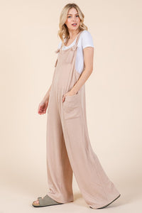 BOMBOM Knot Straps Wide Leg Ribbed Overalls with Pockets