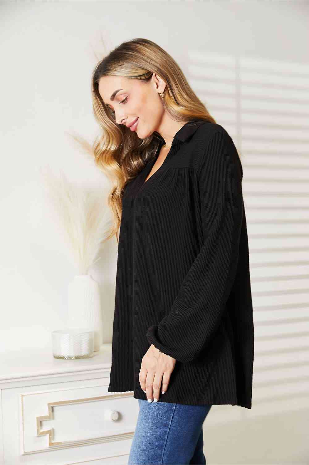 Celeste Full Size Long Sleeve Ribbed Blouse