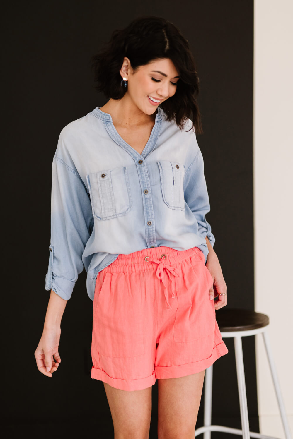 Zenana Linen Love Full Size Run Cuffed Shorts in Coral