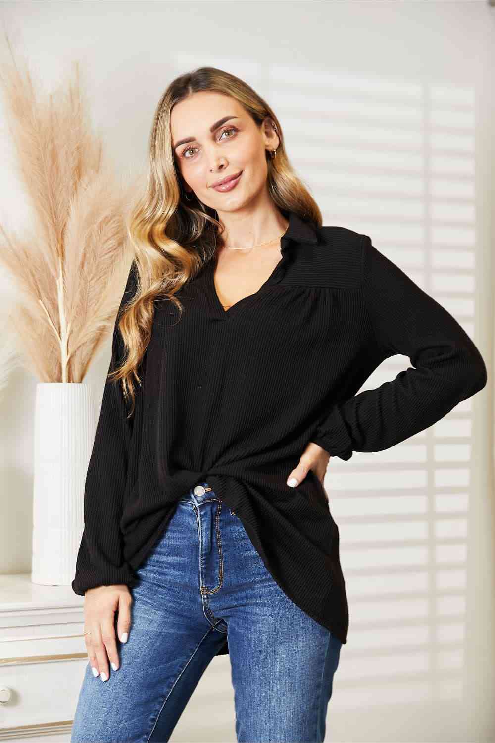 Celeste Full Size Long Sleeve Ribbed Blouse