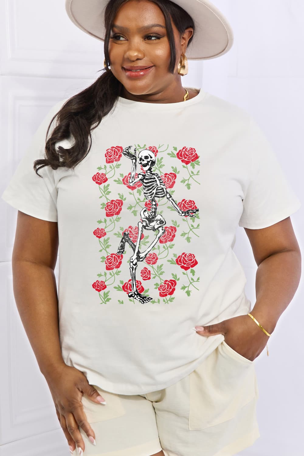 Simply Love Full Size Skeleton & Rose Graphic Cotton Tee