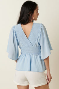 Mittoshop R.S.V.P. Full Size Run Flare Sleeve Peplum Blouse in Blue