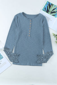 Crochet Lace Hem Sleeve Button Top