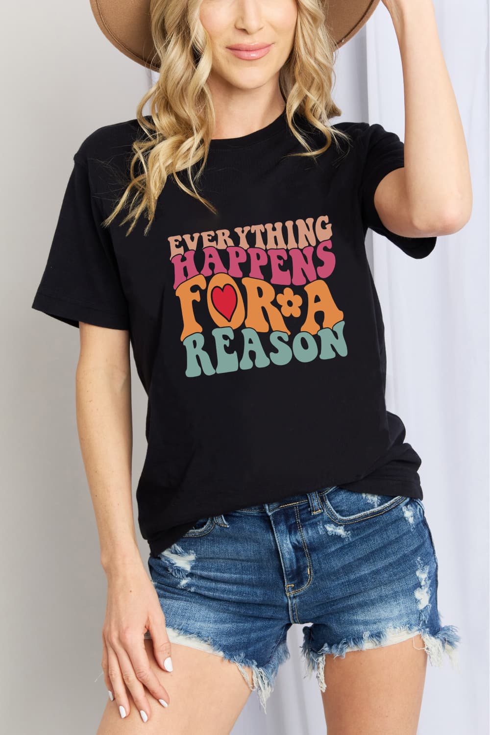 Simply Love Full Size EVERYTHING HAPPENS FOR A REASON Graphic Cotton T-Shirt