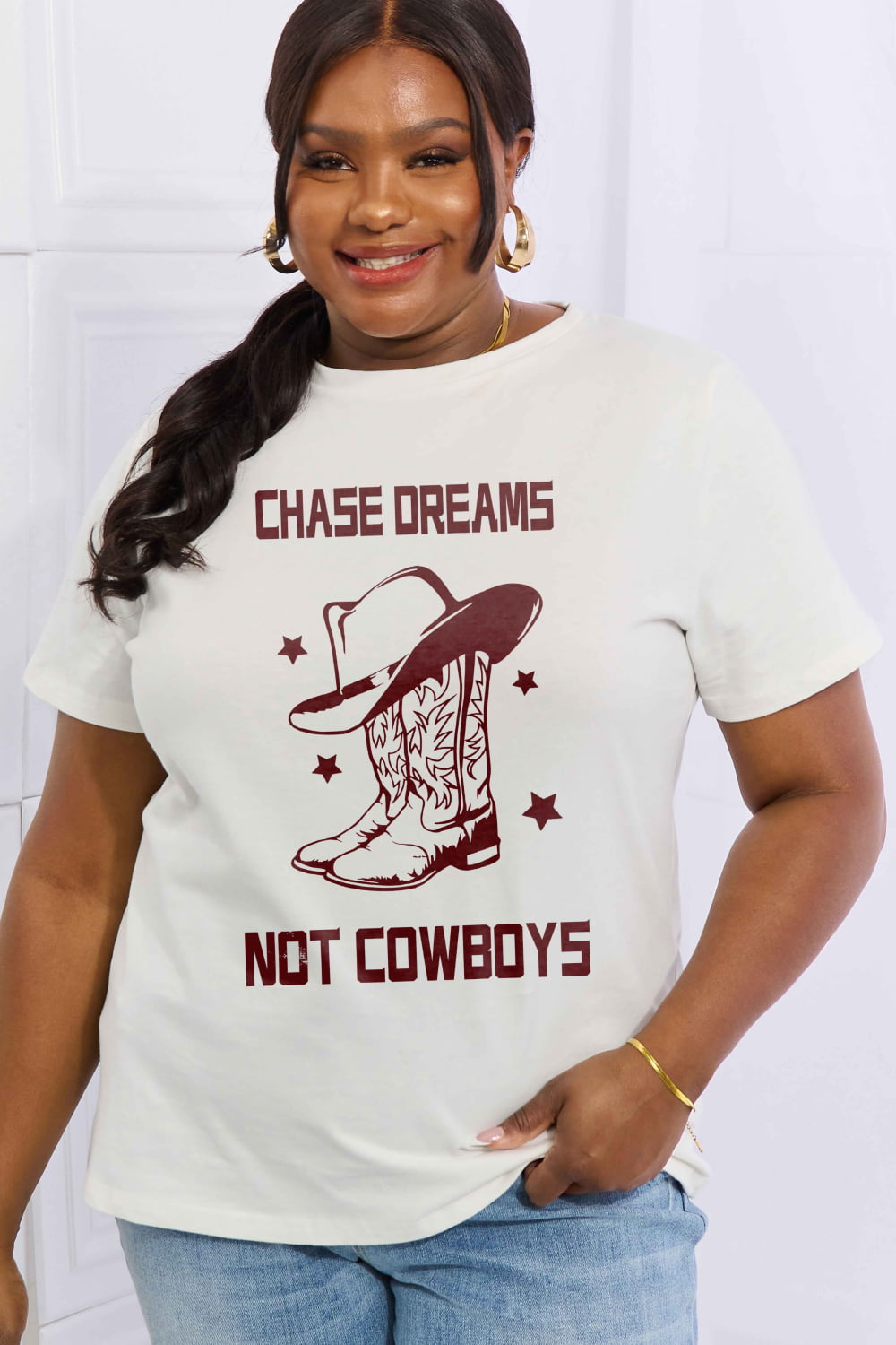 Simply Love Full Size CHASE DREAMS NOT COWBOYS Graphic Cotton Tee