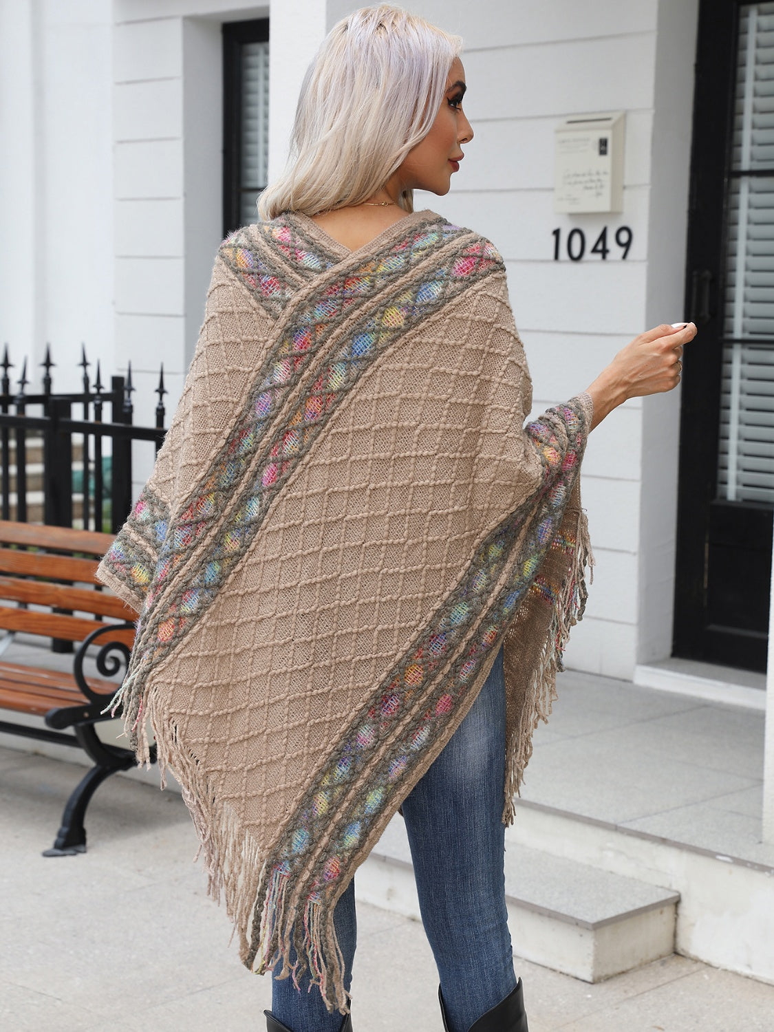 Contrast V-Neck Poncho with Fringes