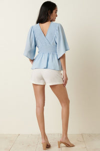 Mittoshop R.S.V.P. Full Size Run Flare Sleeve Peplum Blouse in Blue