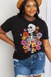 Simply Love Full Size Skeleton & Flower Graphic Cotton Tee